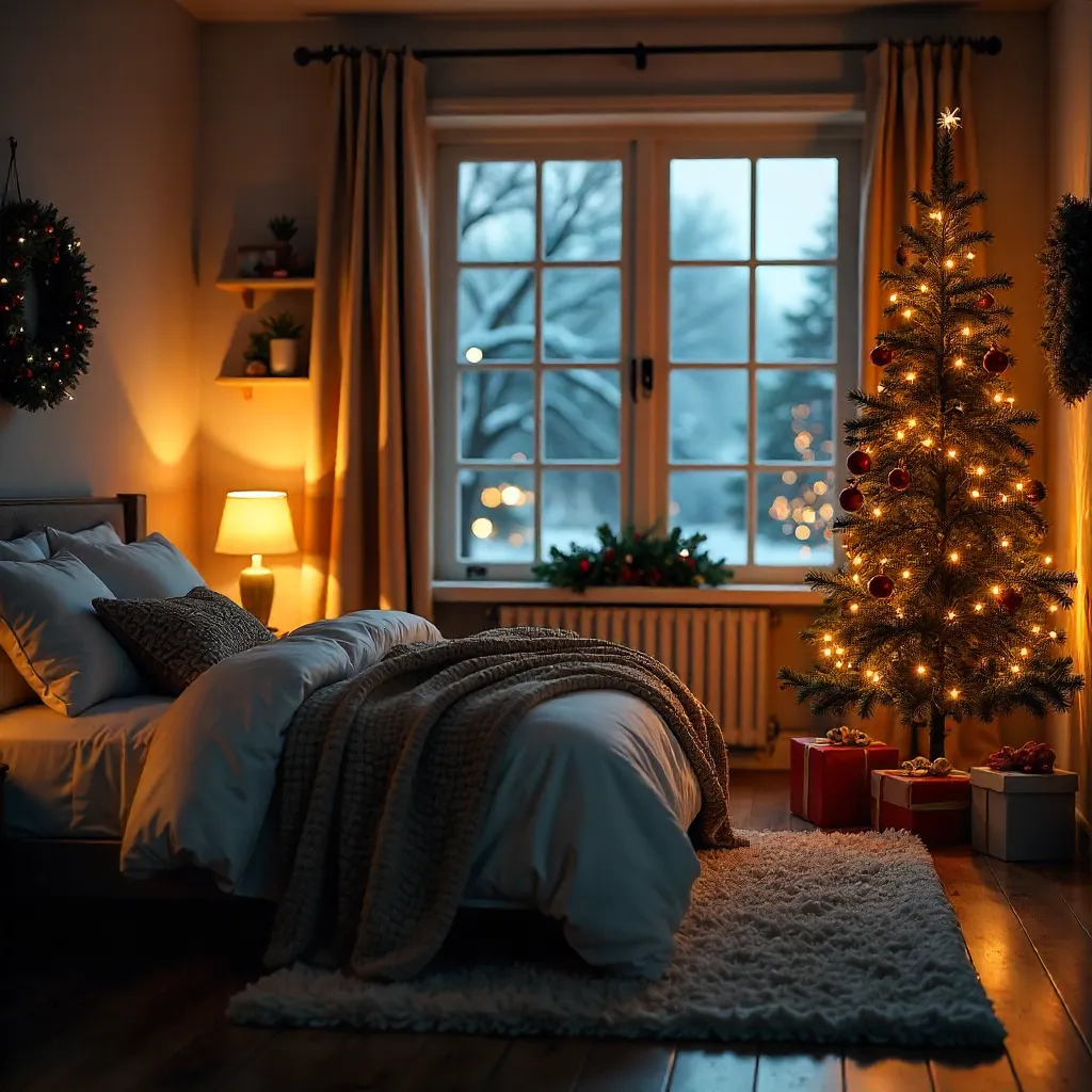 Cozy Christmas Bedroom with Tree and Wreath
