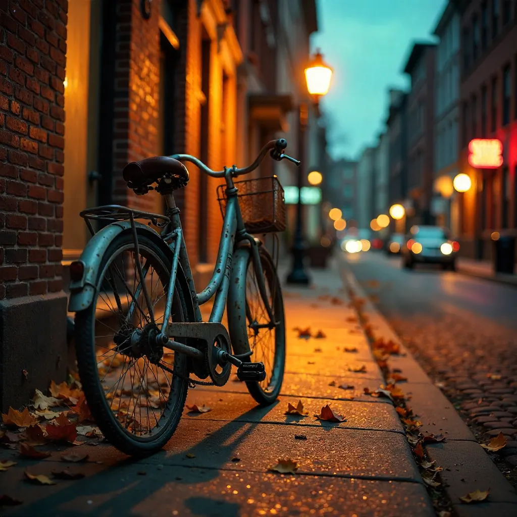 Vintage Bicycle Under Dim Streetlamp in Fall