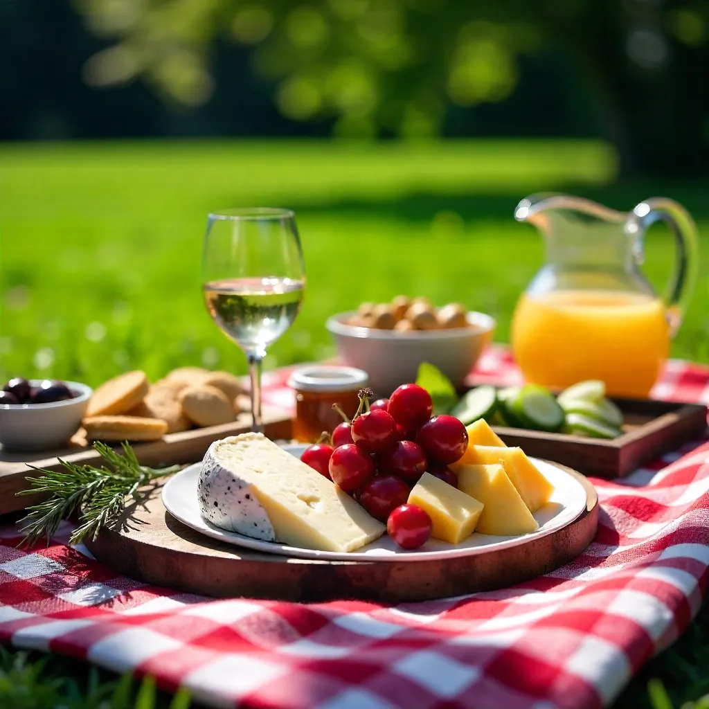 Cheery Picnic Spread: Cherries, Cheese, and Snacks