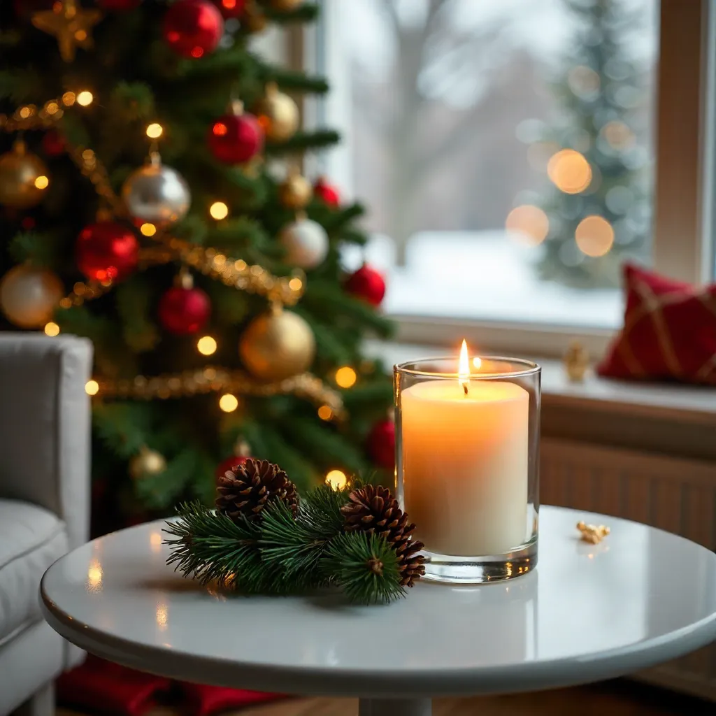 Festive Candle and Decorated Fir Tree on Round White Table