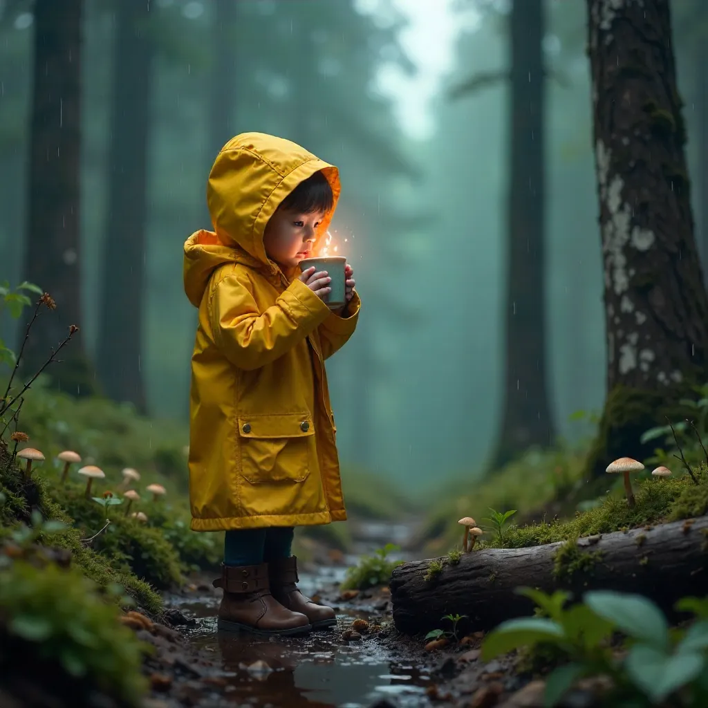 Forest Rain Day: Girl in a Raincoat Sips Warm Drink