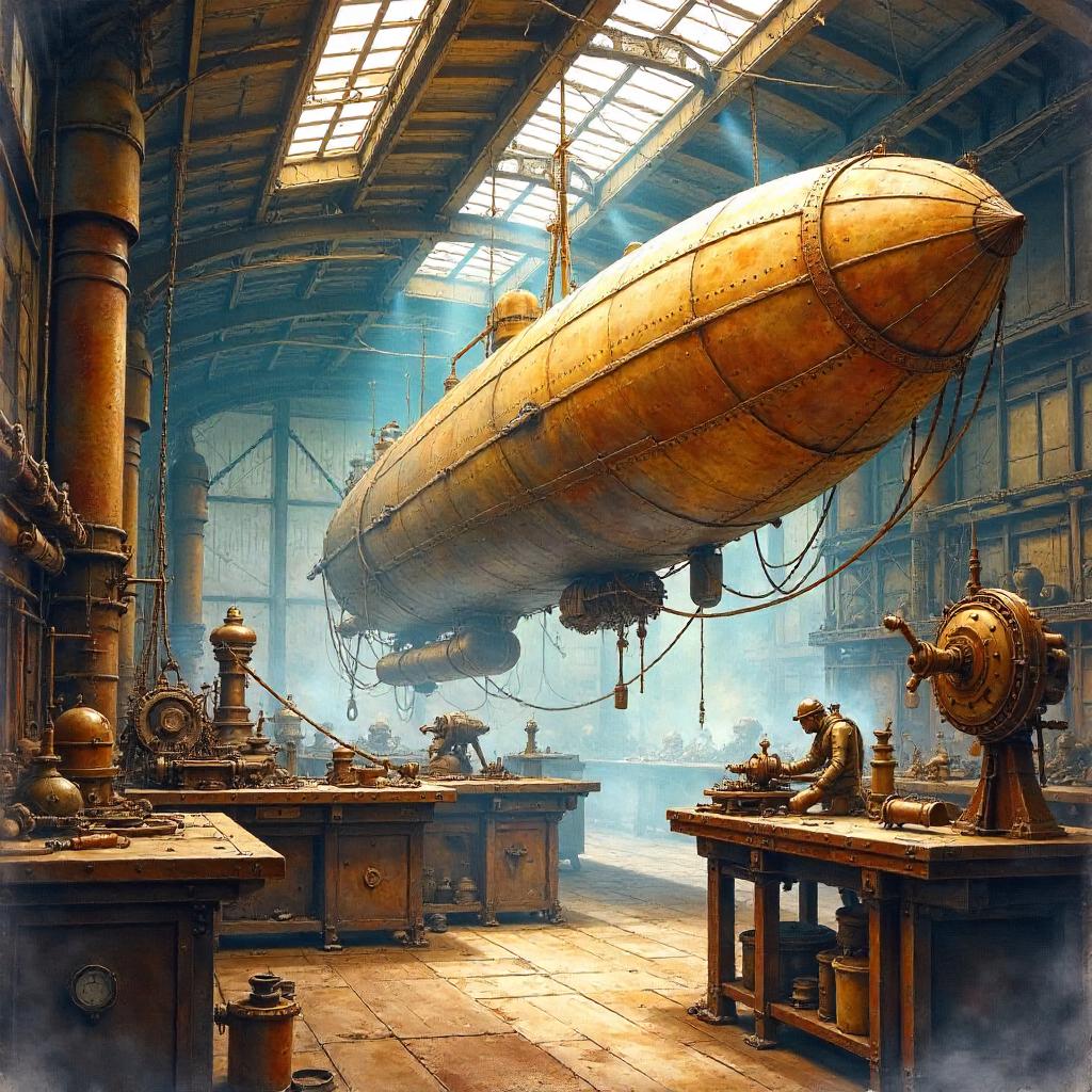Watercolor Airship in a Steampunk Workshop