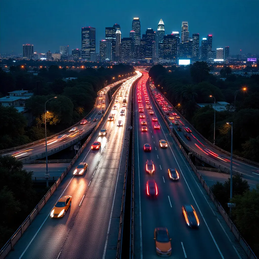 Aerial Night Traffic Over LA Downtown Skyline