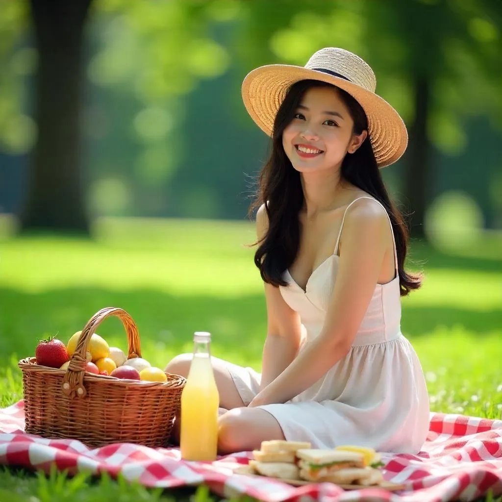 Photorealistic Picnic: A Young Asian Woman Outdoors