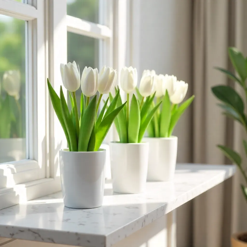 Elegant White Tulips in White Planters for Indoor Decor