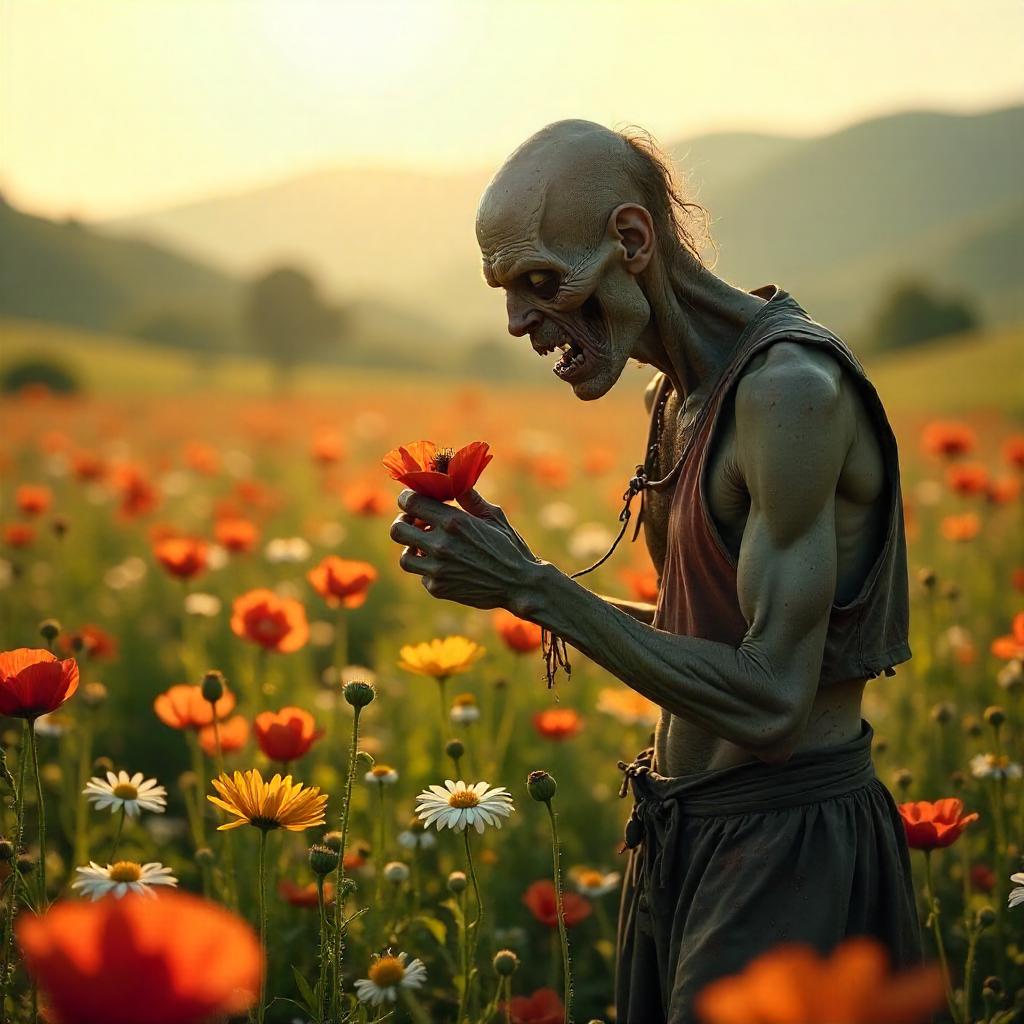 Photorealistic Zombie in a Golden Flower Field