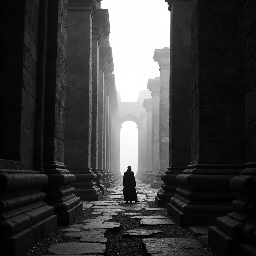 Solitary Figure Between Ancient Pillars on a Historic Path