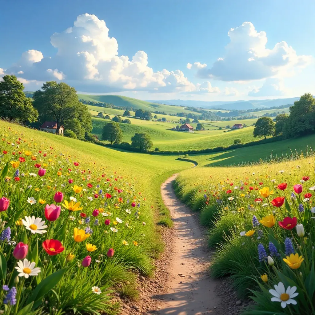 Idyllic Spring Path Through Blooming Hills