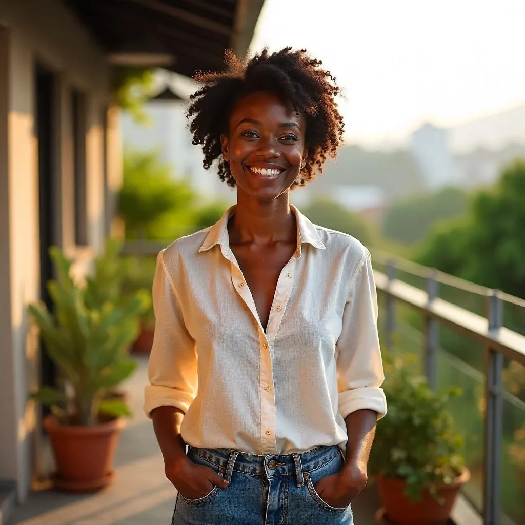 Cheerful Black Woman on a Sunlit Terrace
