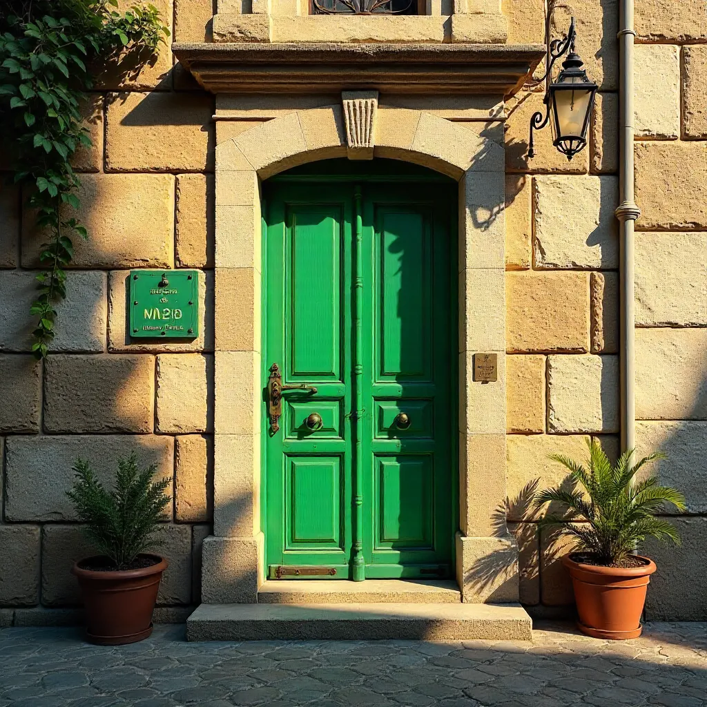 Izmir Stone Facade with Green Door and Metal Basket