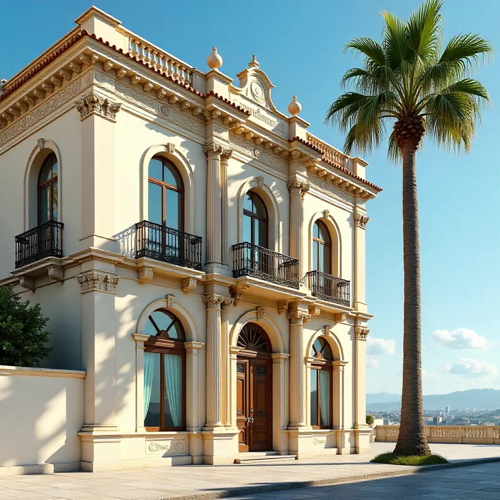 Elegant Facade with Palm Under Clear Sky