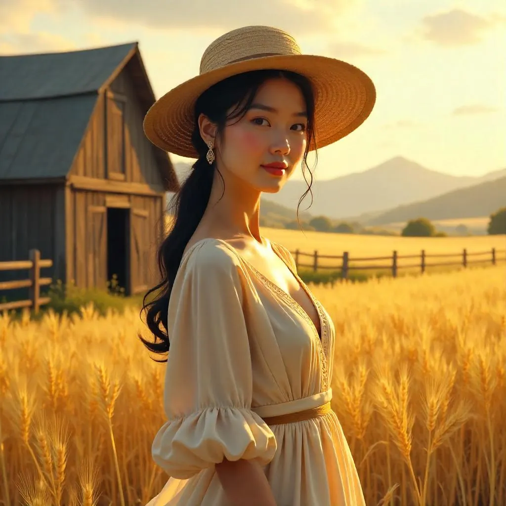 Elegant Asian Woman on a Golden Farm