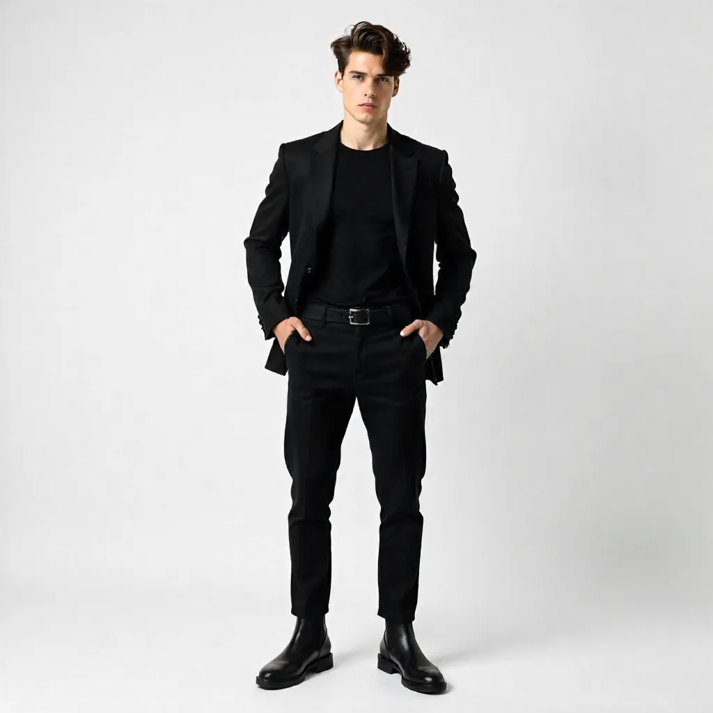 Studio White Backdrop: Young Male Model in Black Fashion