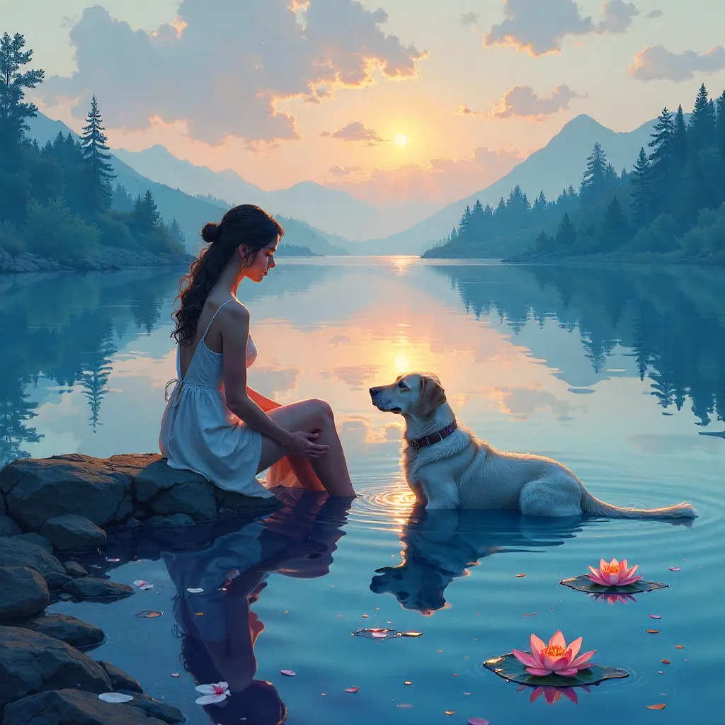 Surreal Reflections: Woman and Dog in Water