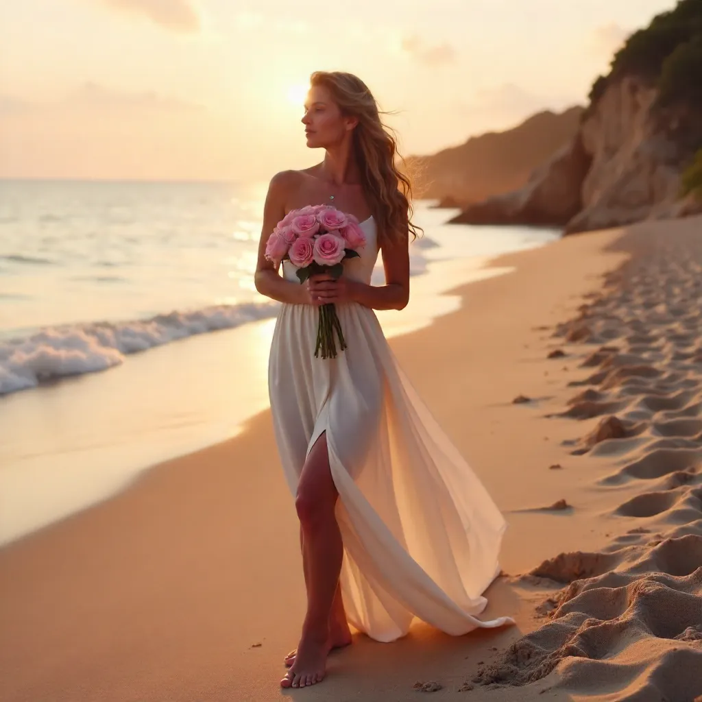 Serene Beach Elegance with Pink Roses