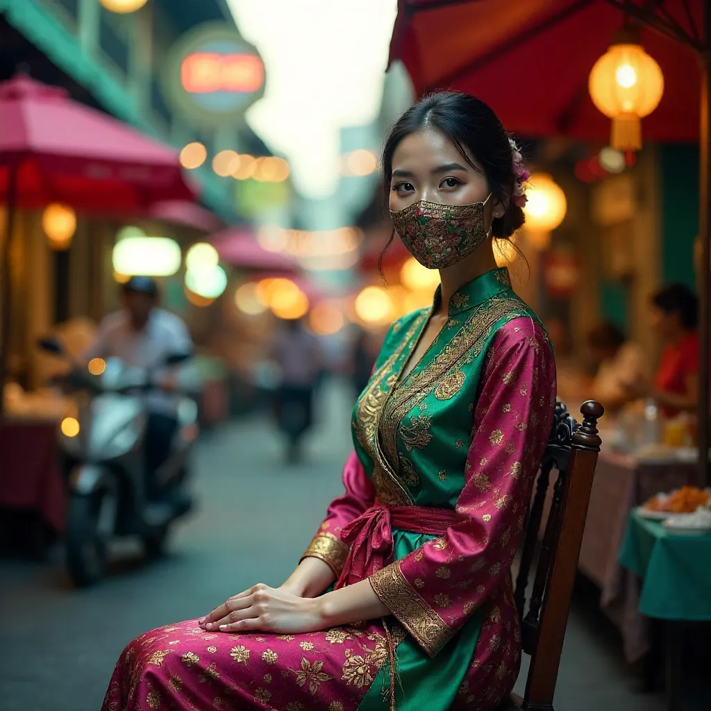 Kebaya and Batik in a Lively Indonesian Street