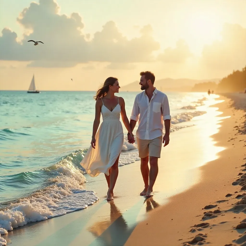 Couple Strolling Along a Serene Beach at Golden Hour