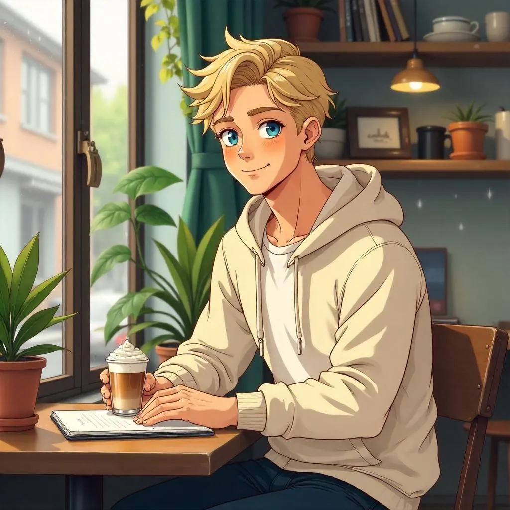Anime Style: Young White Man in a Cozy Coffee Shop