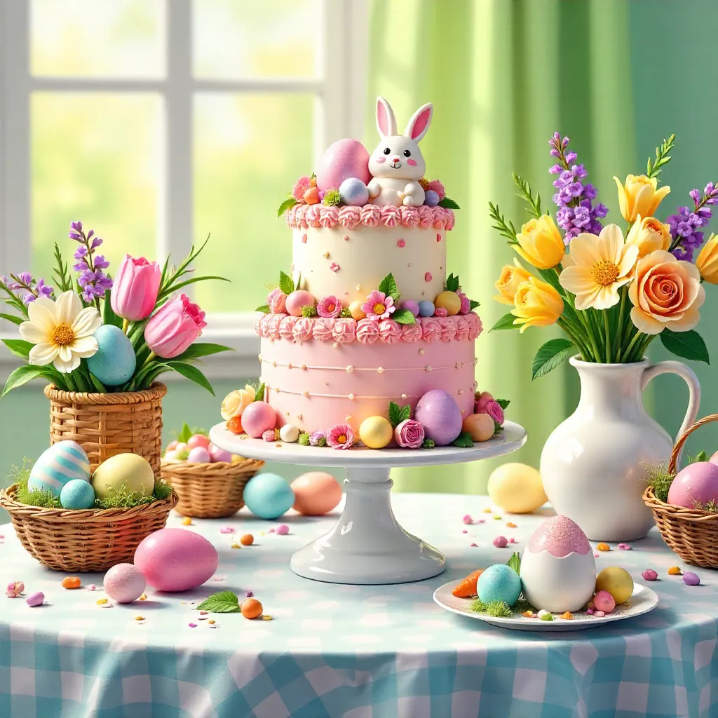 Whimsical Easter Eggs and Cake Display