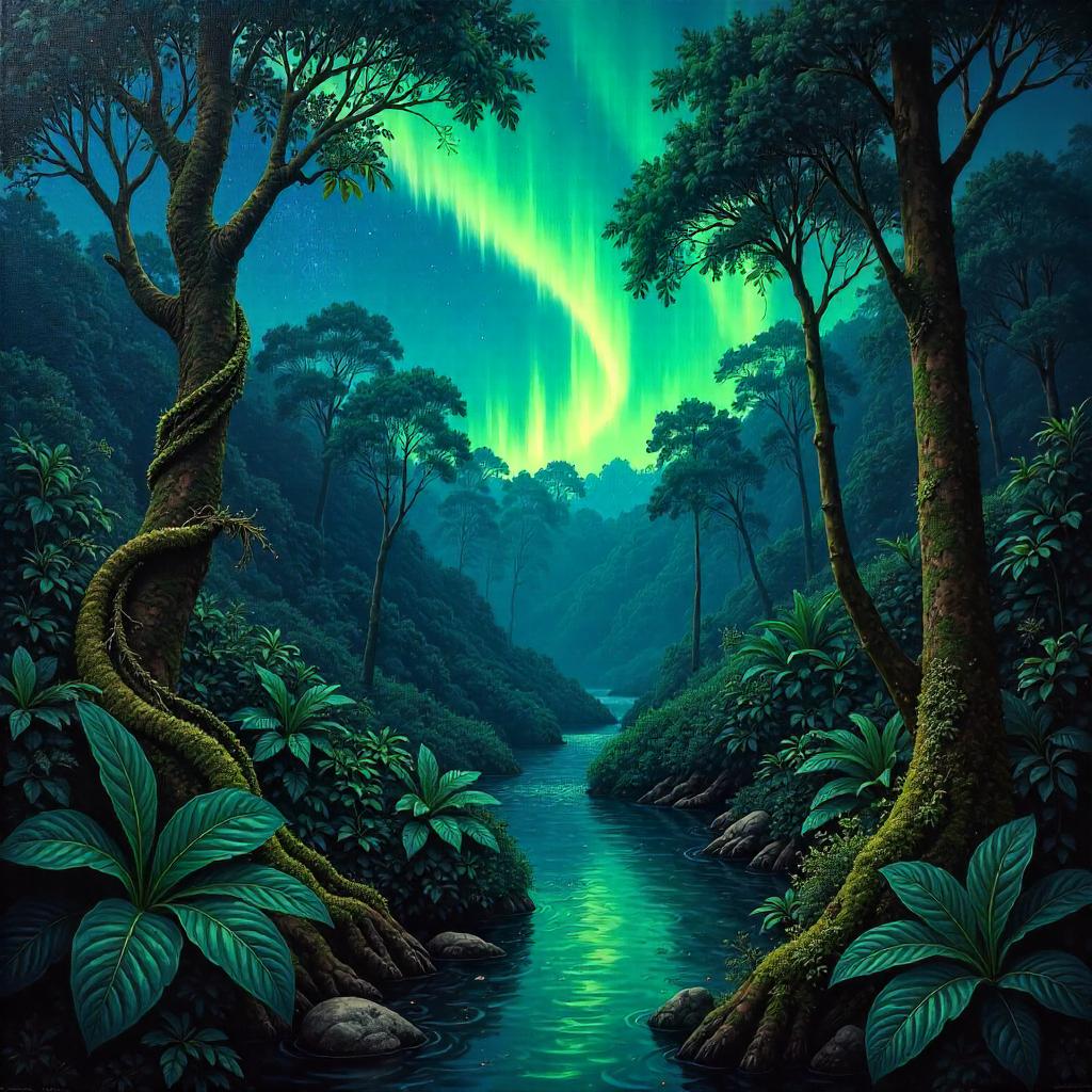 Northern Lights Over a Lush Jungle in Oil