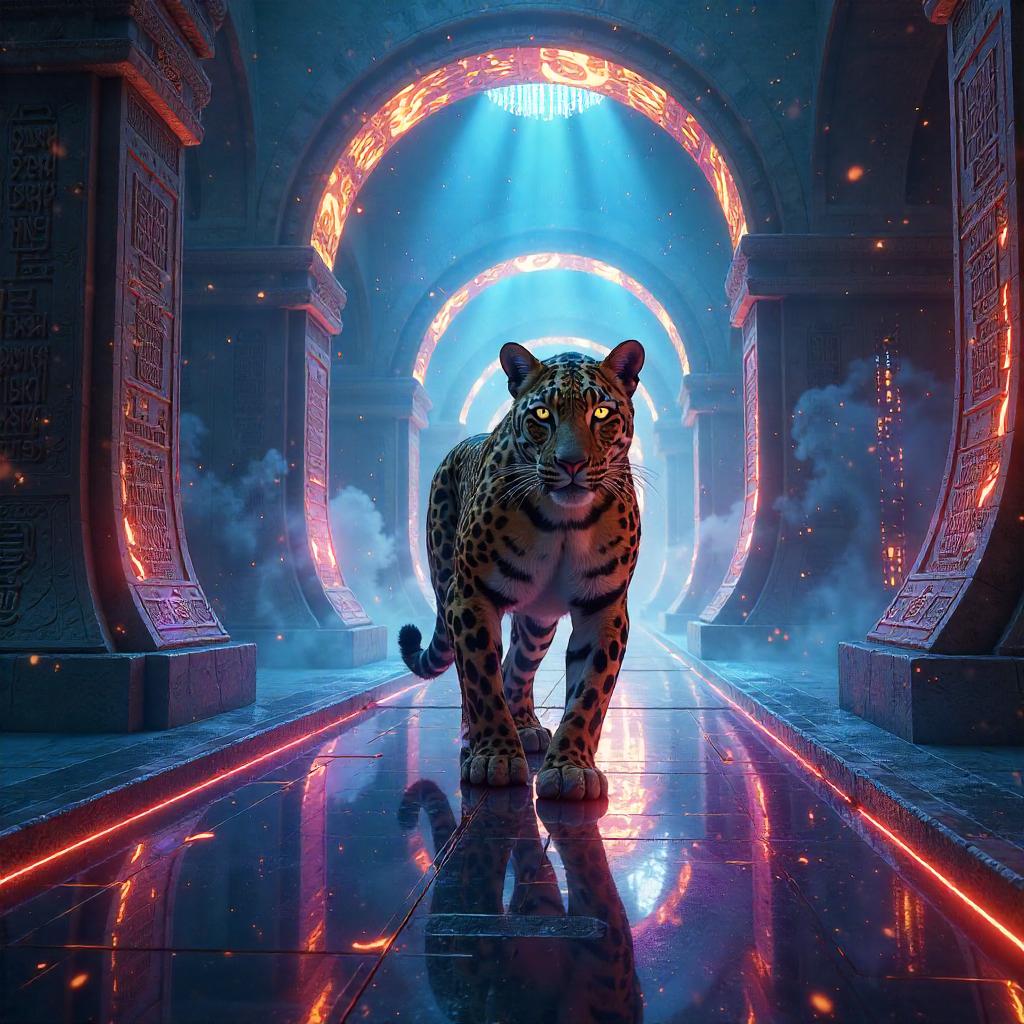 Leopard in a Neon Portal Chamber (3D Render)