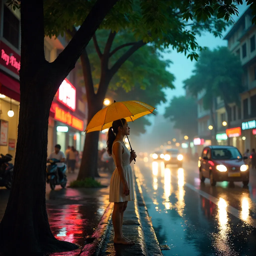 Umbrella Under a Tree in Saigon: Rainy City Moment