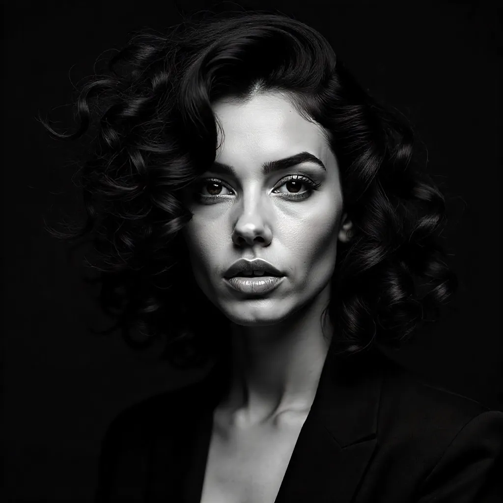 Striking Black and White Portrait of a Confident Woman with Curly Hair
