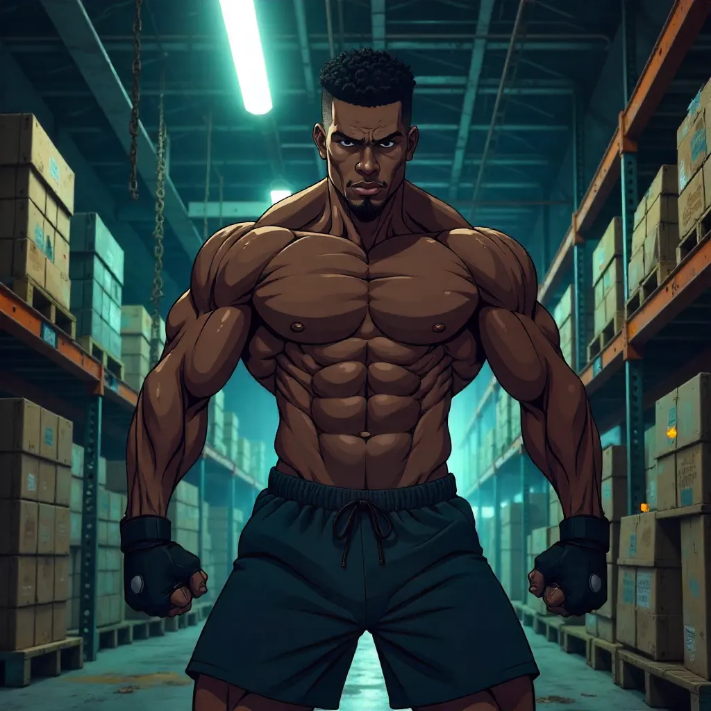 Anime-Style Athletic Black Man in a Warehouse