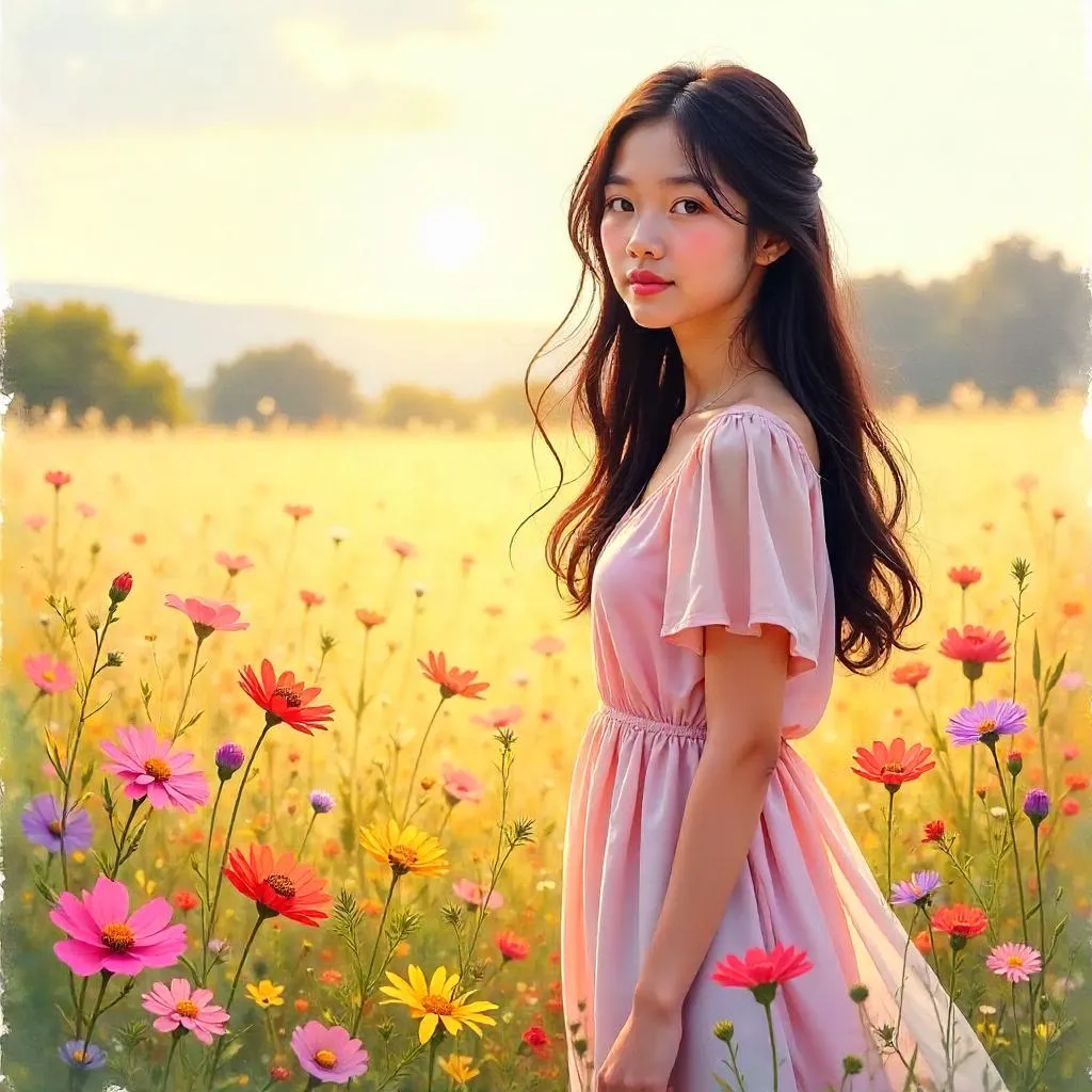 Watercolor Bloom: Young Asian Woman in a Field of Flowers