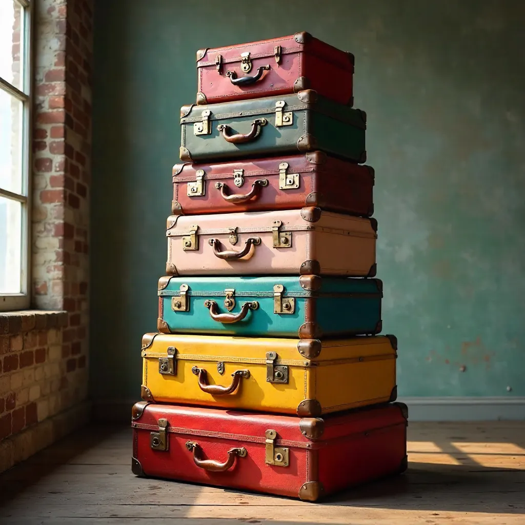 Vibrant Stack of Vintage Suitcases as Artful Display