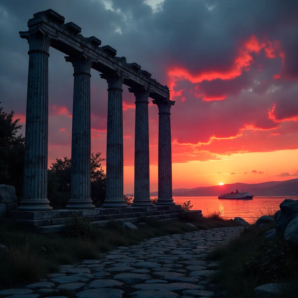 Silhouetted Roman Columns at Twilight in İzmir