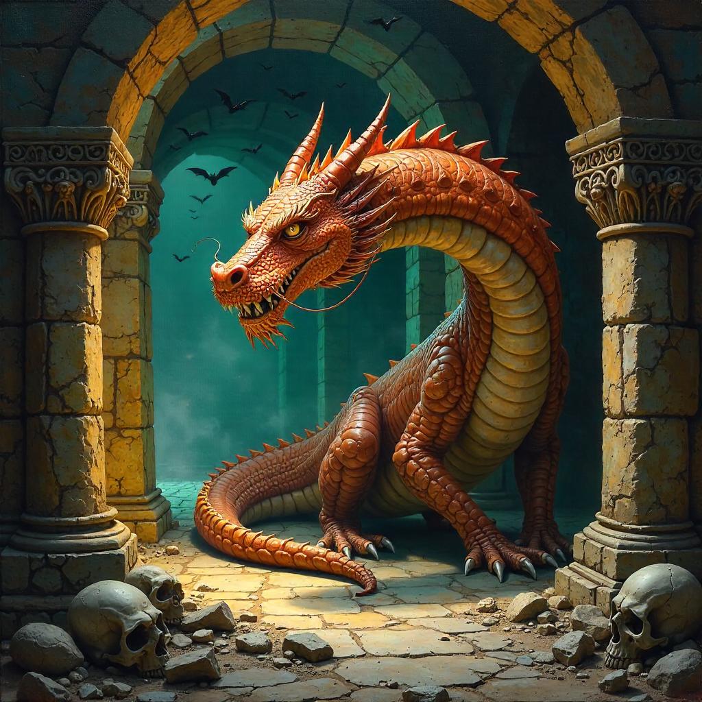 Dragon in the Catacombs: An Oil Painting
