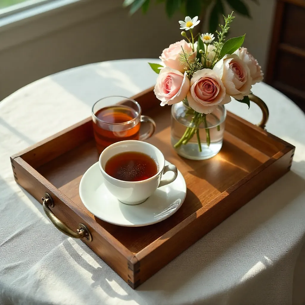 Top-Down Vintage Tray Still Life: Coffee, Tea, & Flowers