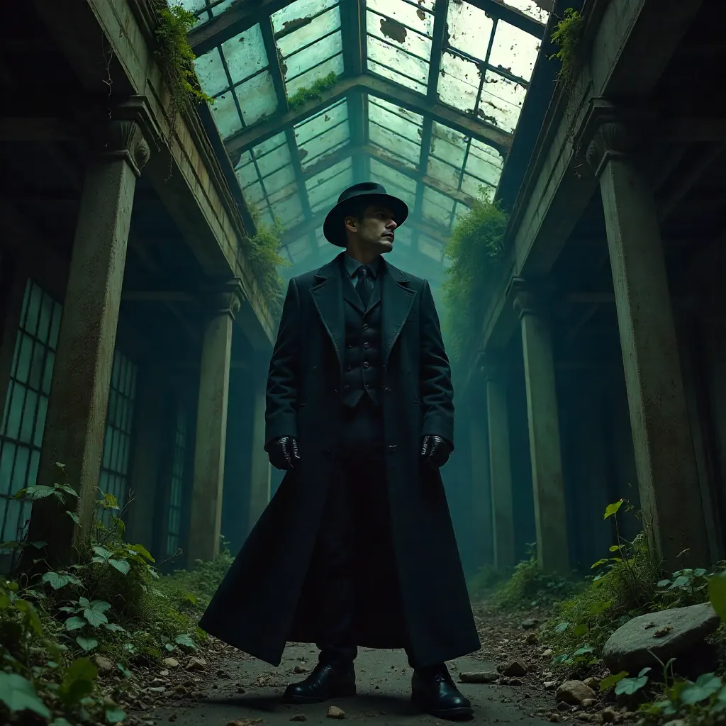 Noir Figure in an Overgrown Abandoned Ruin