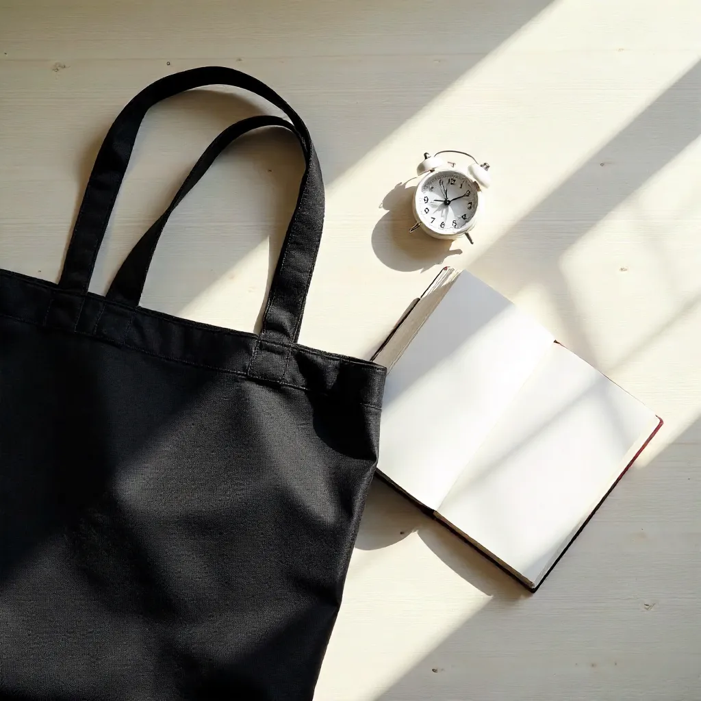Flat lay stock photo: bag, book, and clock