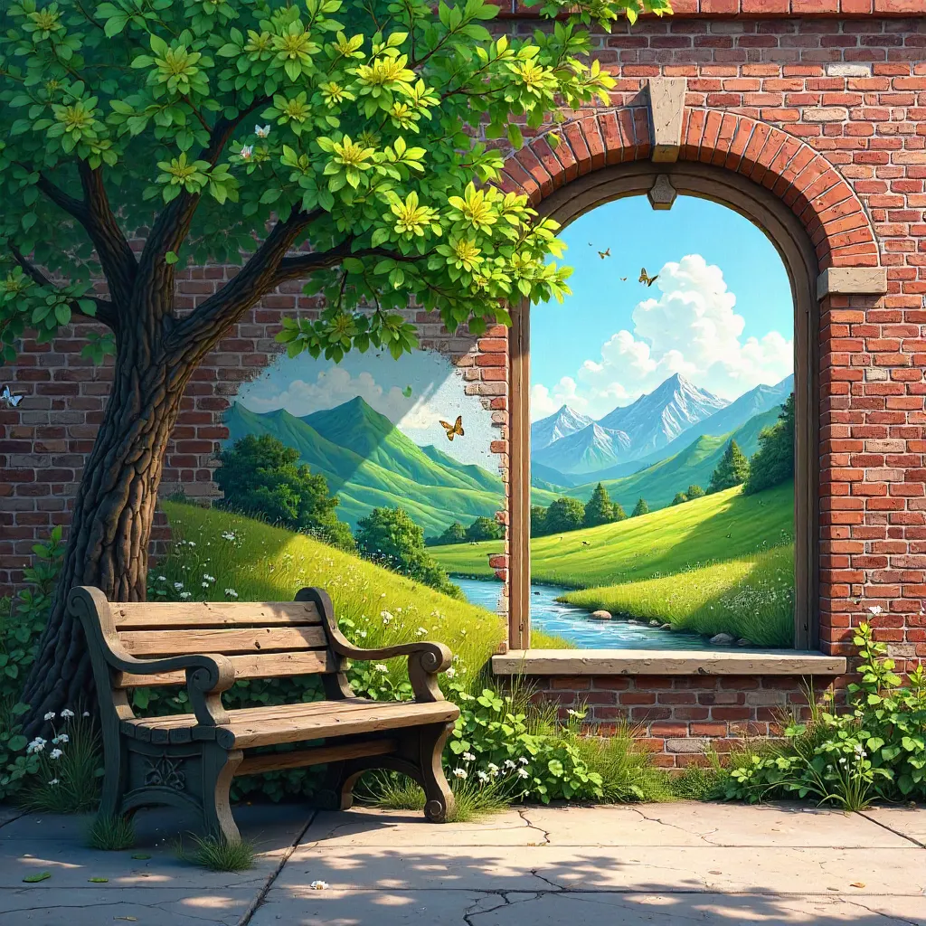 Nature Mural: Bench by a Windowed Landscape