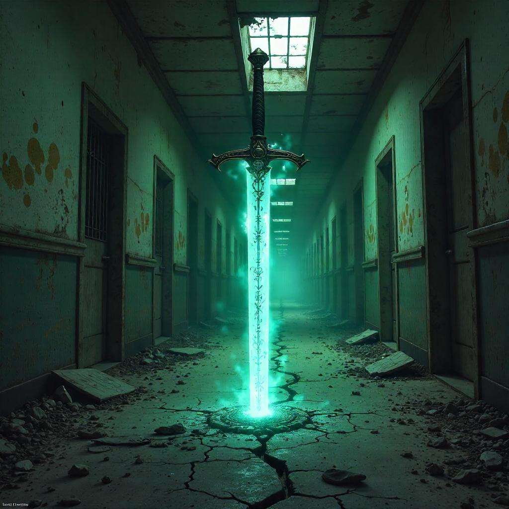 Enchanted Blade Amidst a Forgotten Asylum