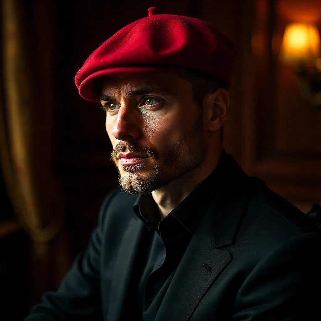 Elegant Contemplative Portrait: Man in Red Beret