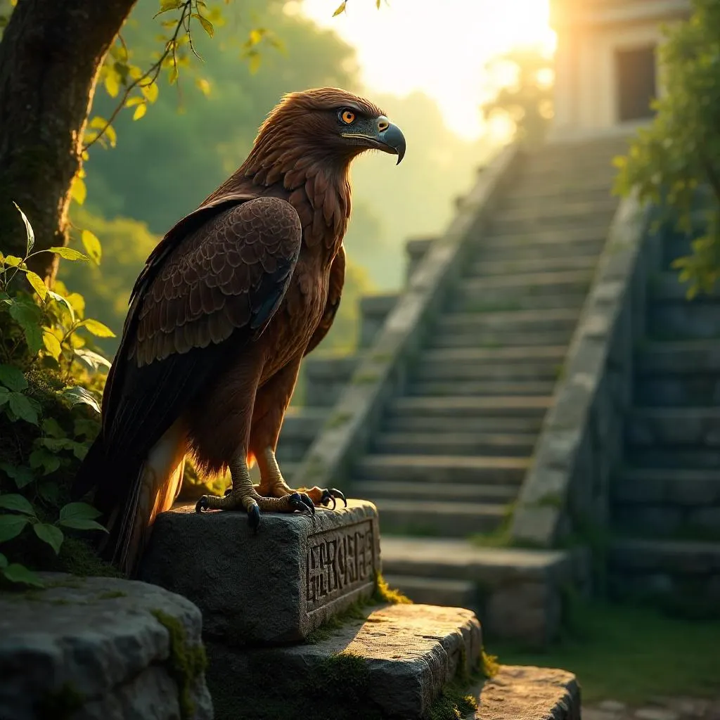 Photorealistic Eagle on Mayan Temple at Dusk