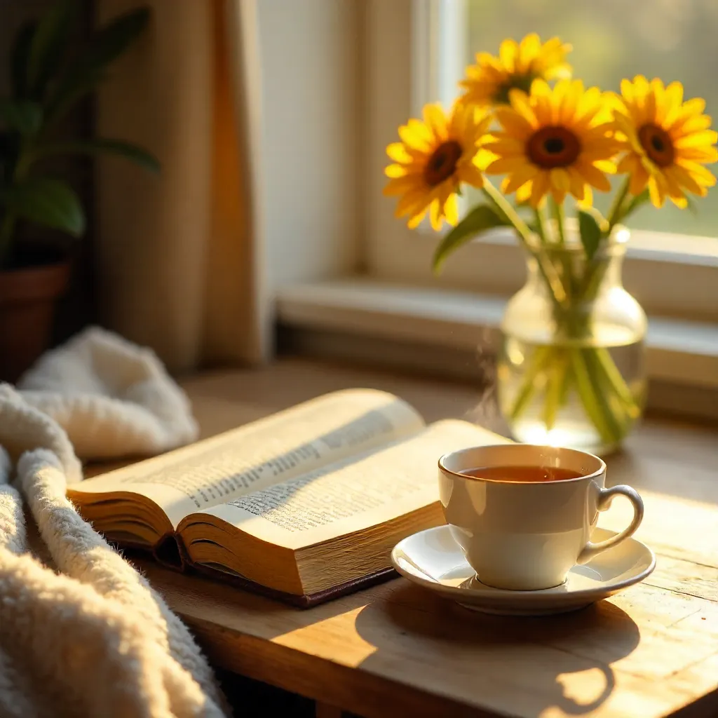 Warm Sunlit Reading Nook with Tea and Flowers