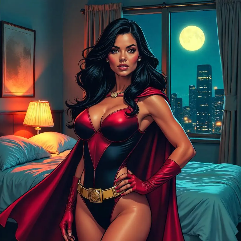 Confident Latina Hero in a Nighttime Bedroom