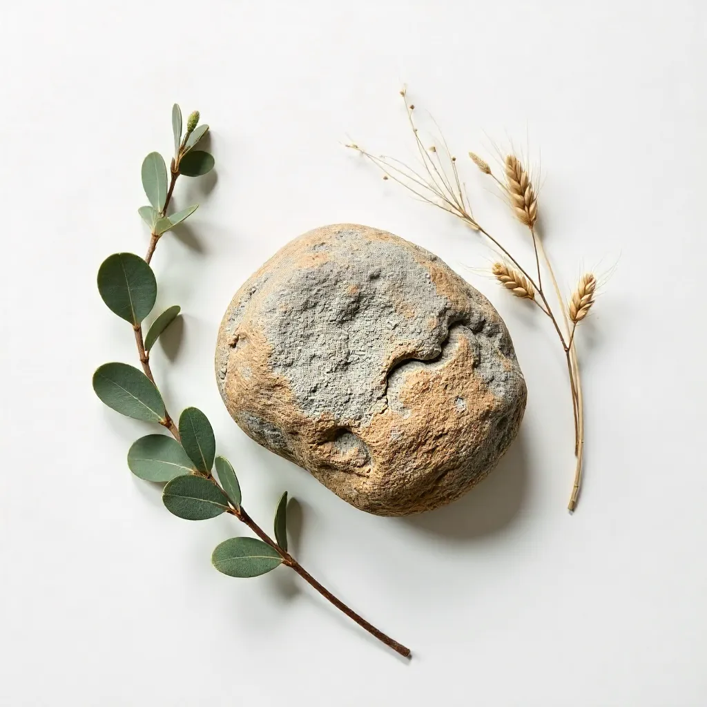 Minimalist Flat Lay Rock with Dried Plants on White