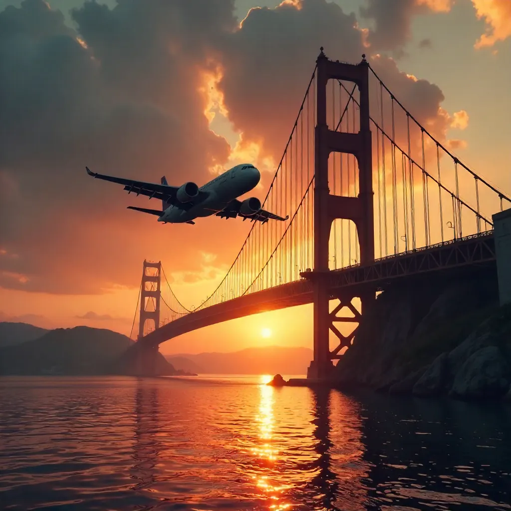Airplane Silhouette Over Sunset Bridge