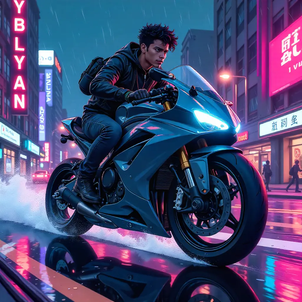Neon Night Ride: Anime Rider on a Motorcycle