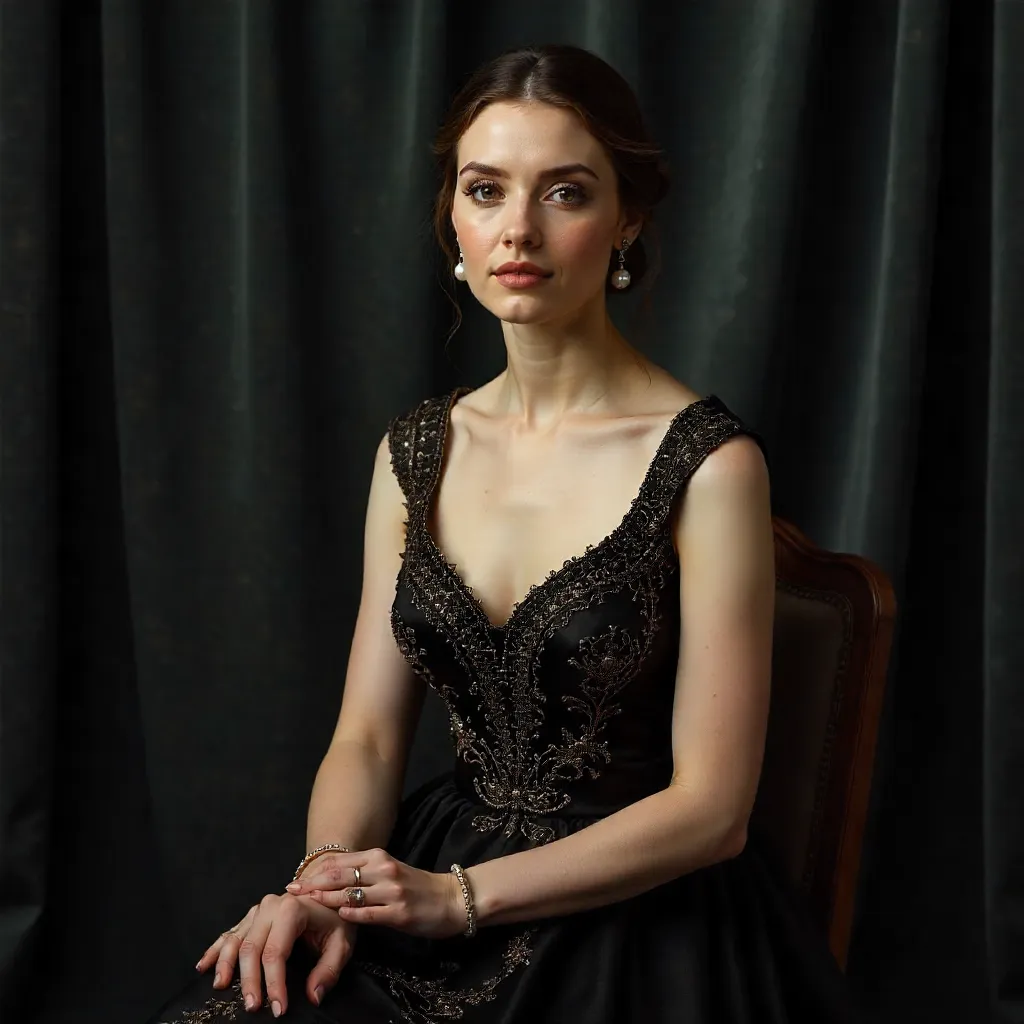 Graceful Portrait of a Woman in a Black Embroidered Dress