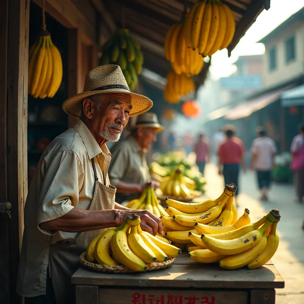 Golden Bananas at a Sunlit Traditional Market Stall