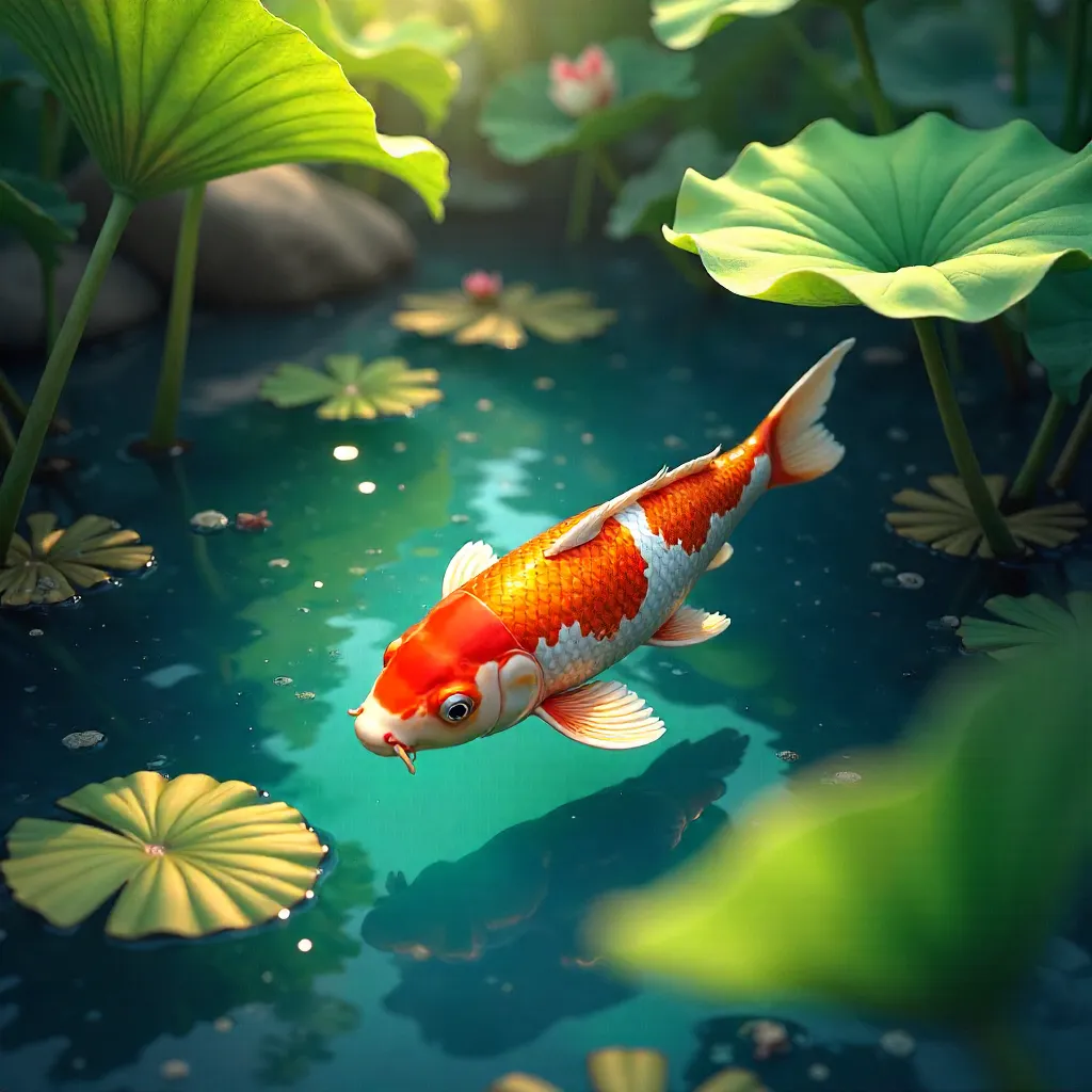 Vibrant Koi Under Lotus Leaves in a Tranquil Pond