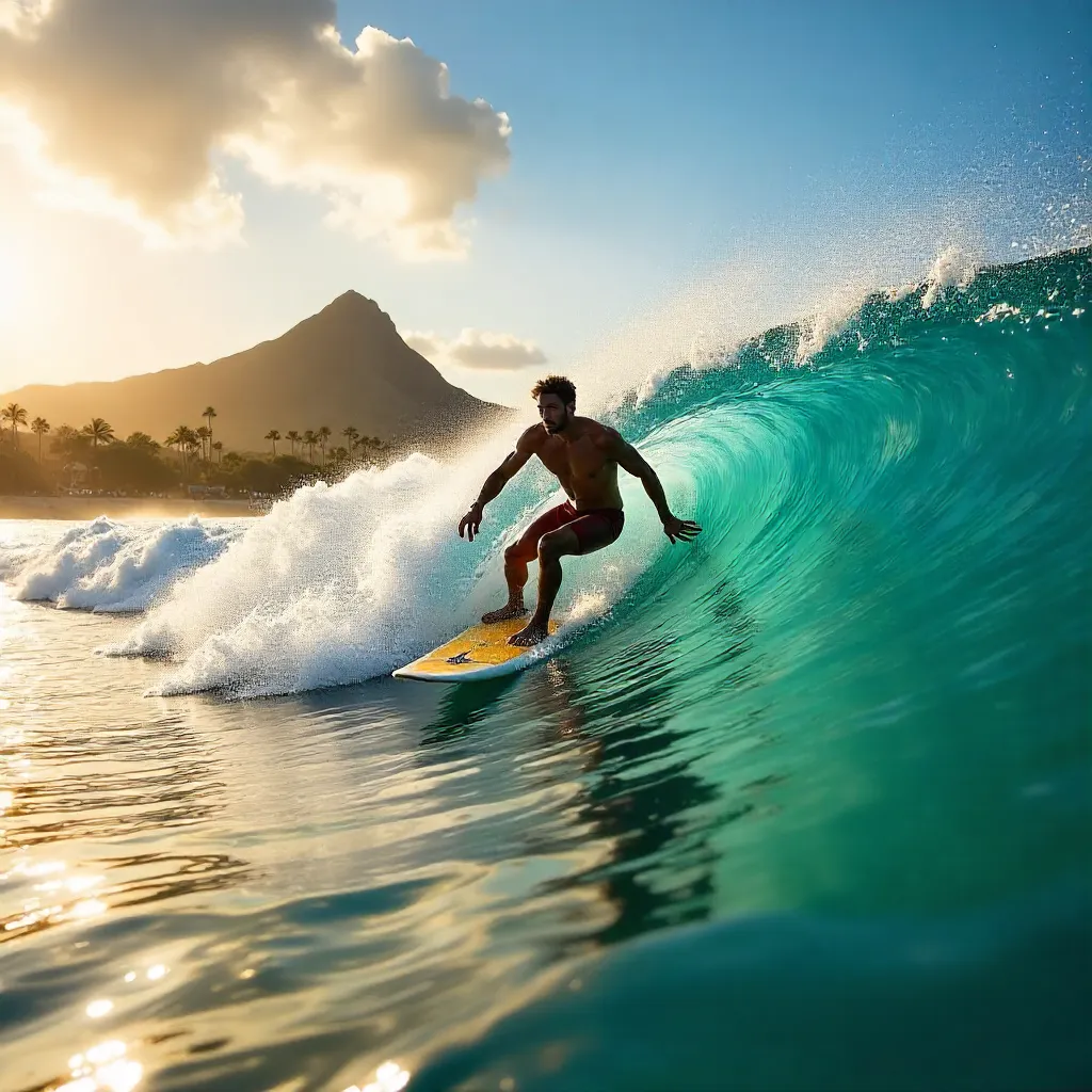 Surfer Rides a Perfect Honolulu Wave