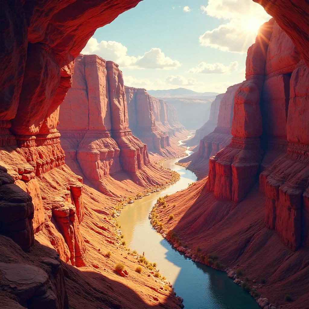 Digital Canyon: Surreal Light Across Red Stone Walls