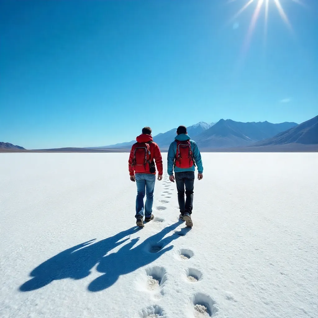 Two Travelers Crossing Salar de Uyuni Under Blue Sky